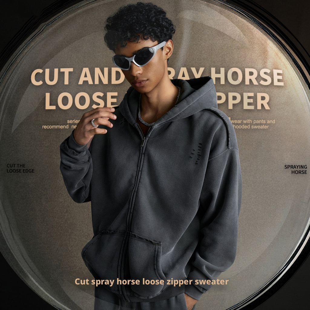 Streetwear hooded sweatshirt with monkey print, frayed hem, zip-up cardigan for men W25310