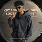 Streetwear hooded sweatshirt with monkey print, frayed hem, zip-up cardigan for men W25310