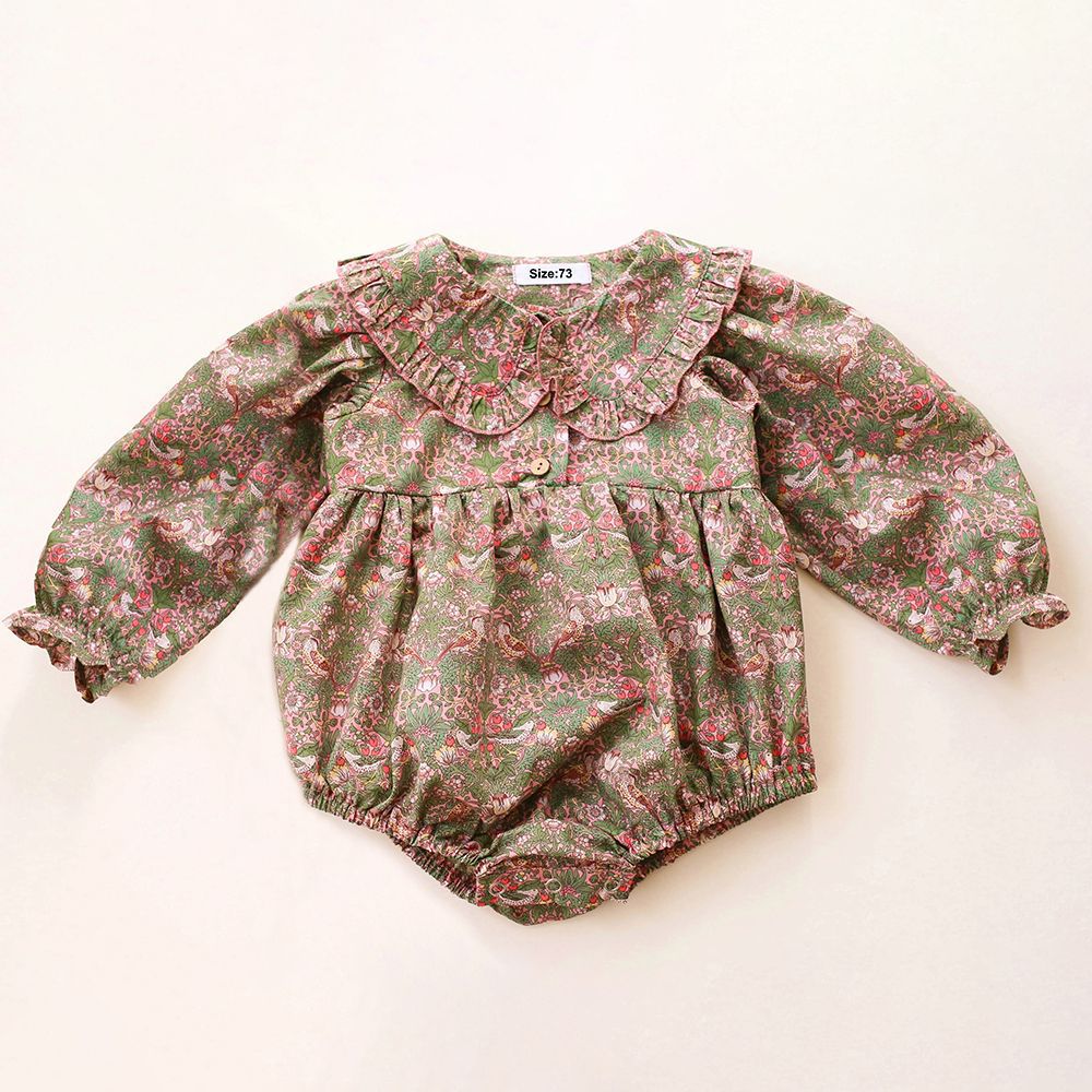 Imitation hemp floral baby girl crawling suit lace collar 095