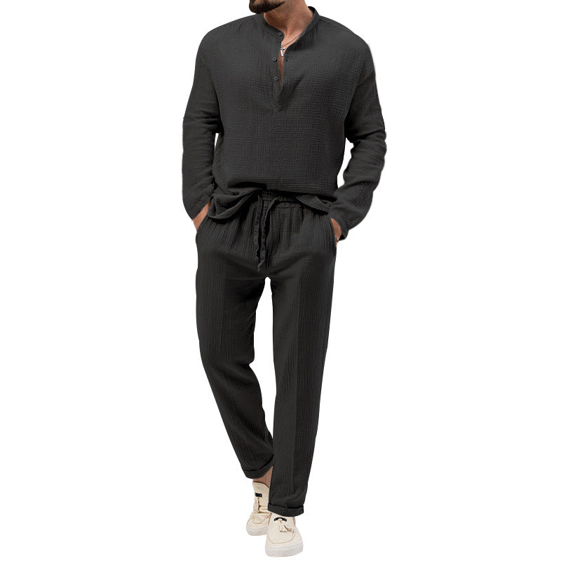 Men's solid color casual T-shirt long sleeved shirt long pants set 085