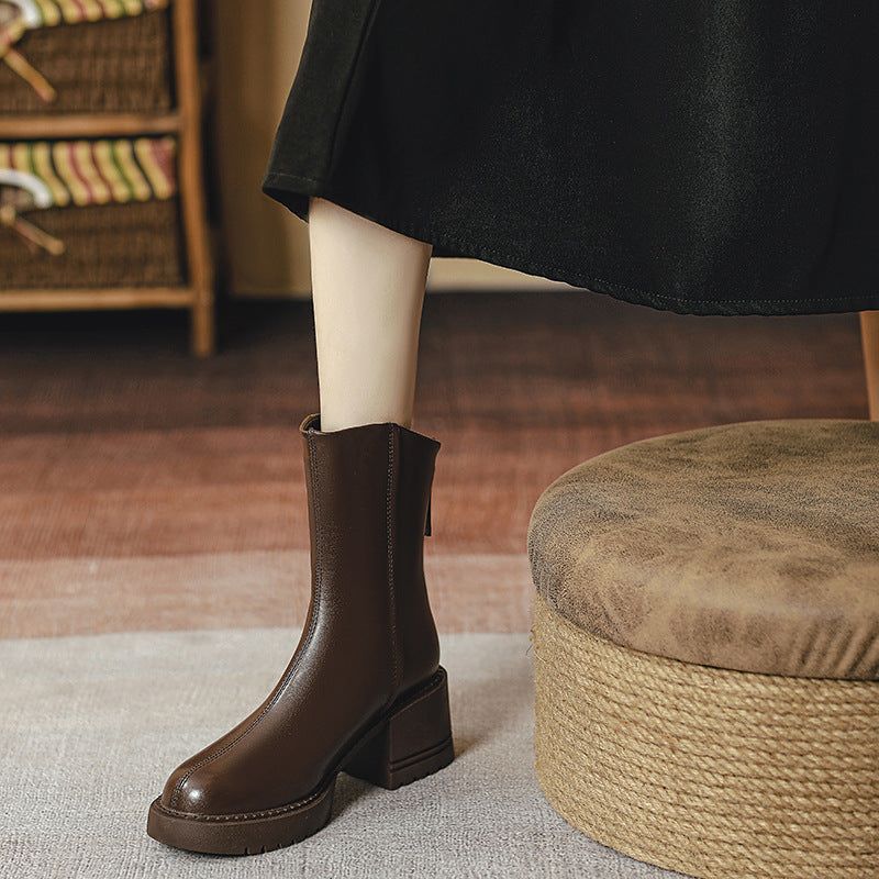 Thick heeled short boots for women in spring and autumn brown thick soled Martin boots 119