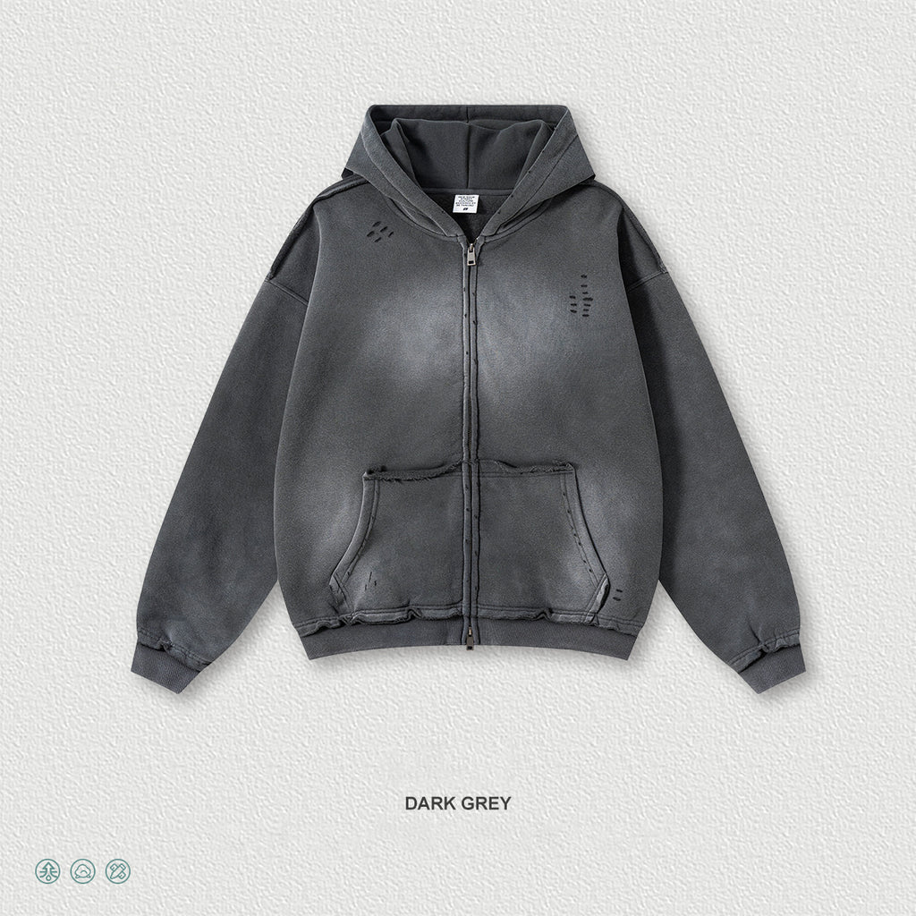 Streetwear hooded sweatshirt with monkey print, frayed hem, zip-up cardigan for men W25310