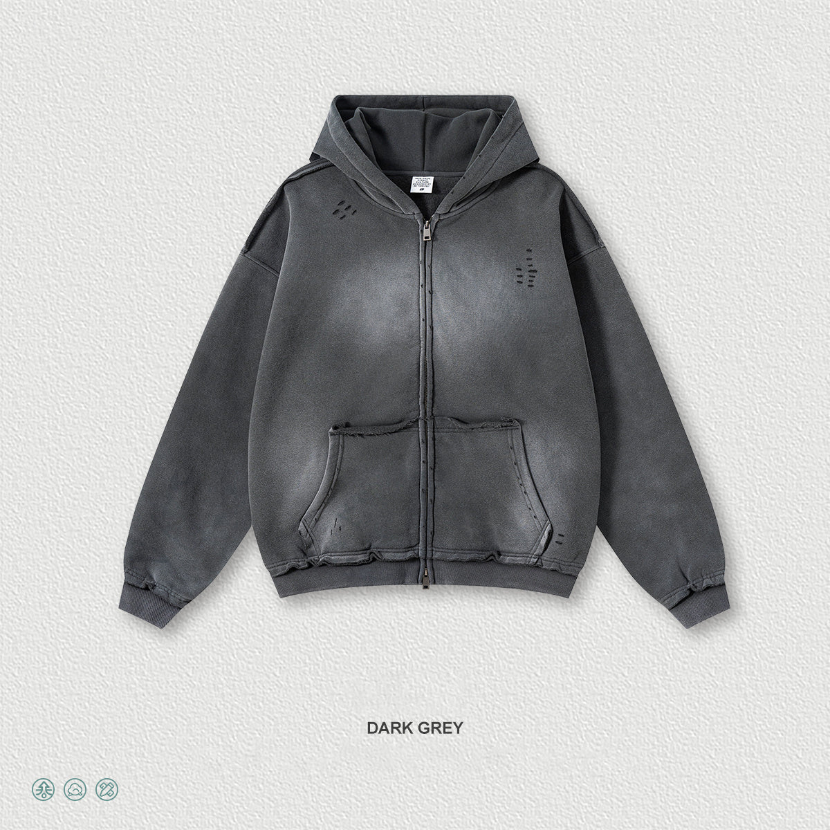 Streetwear hooded sweatshirt with monkey print, frayed hem, zip-up cardigan for men W25310