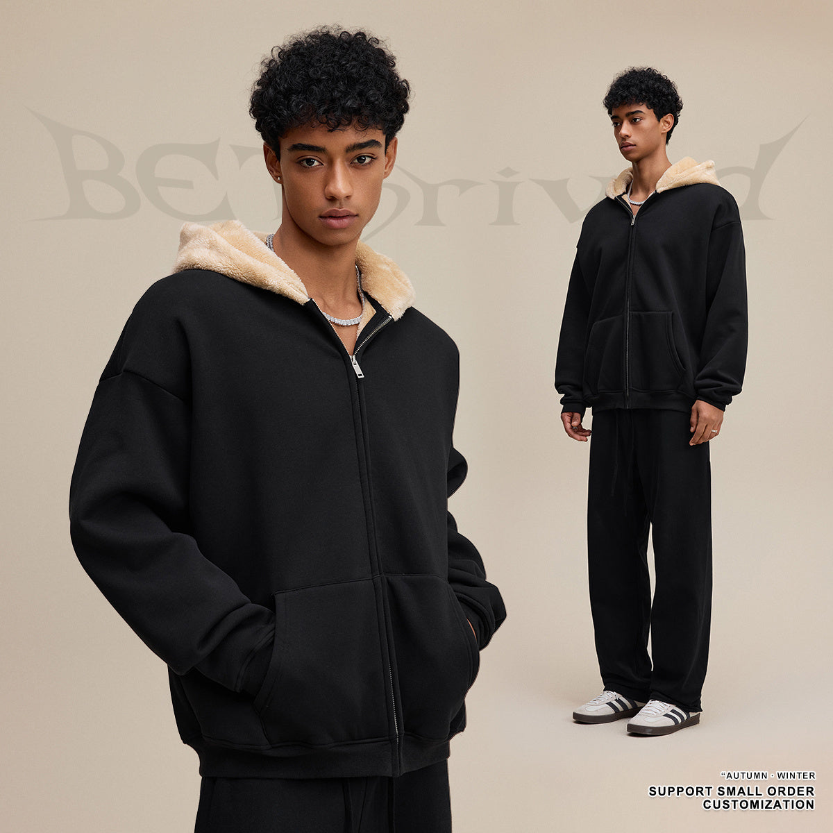 Autumn American trendy brand composite plush hooded cardigan sweatshirt loose zipper jacket for men w25555