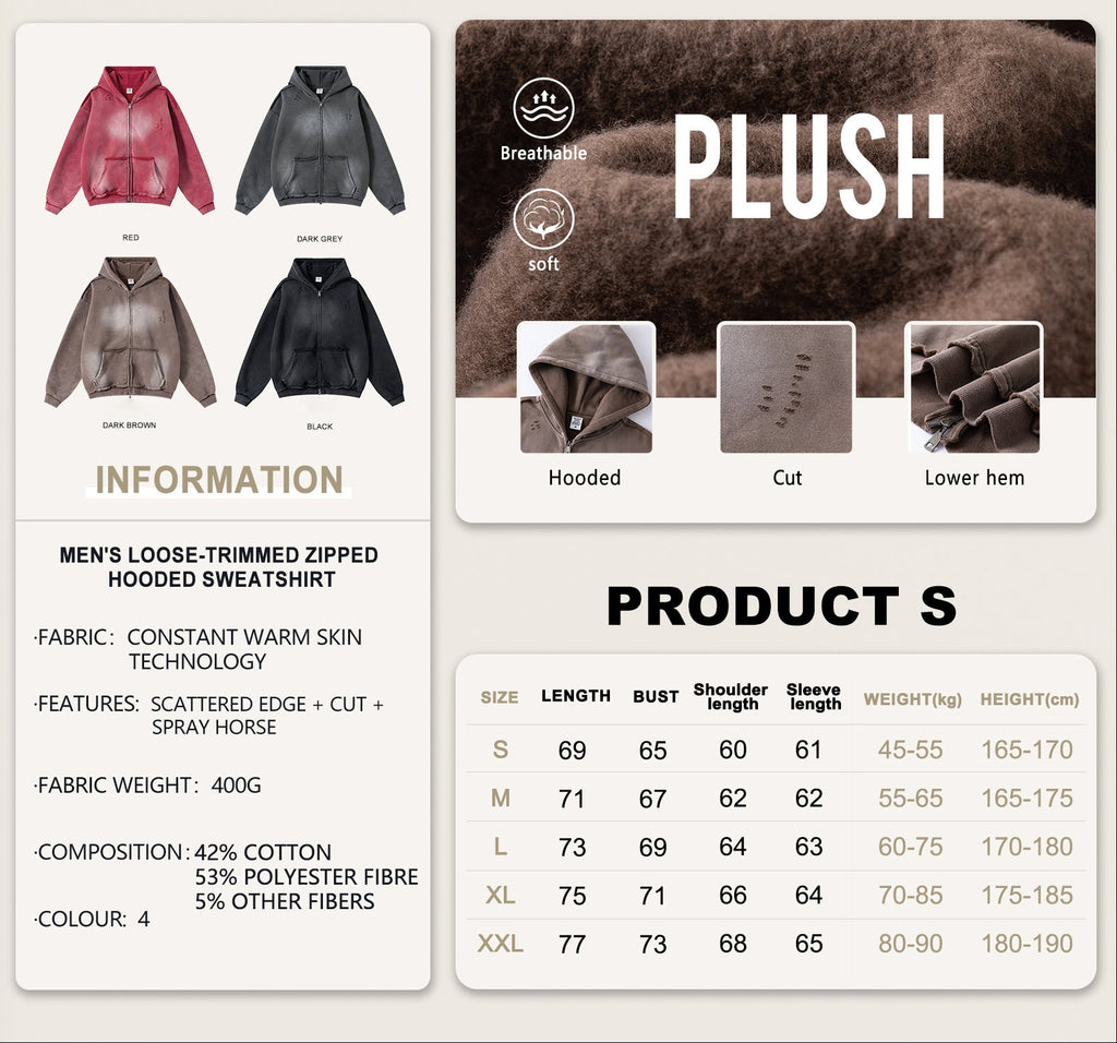 Streetwear hooded sweatshirt with monkey print, frayed hem, zip-up cardigan for men W25310