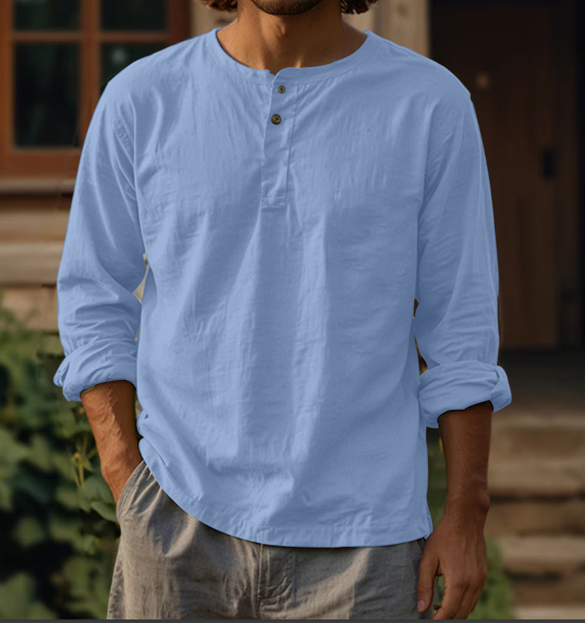 Retro American long sleeved round neck solid color shirt 084