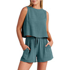 Two piece set of temperament sleeveless top shorts and pants 081