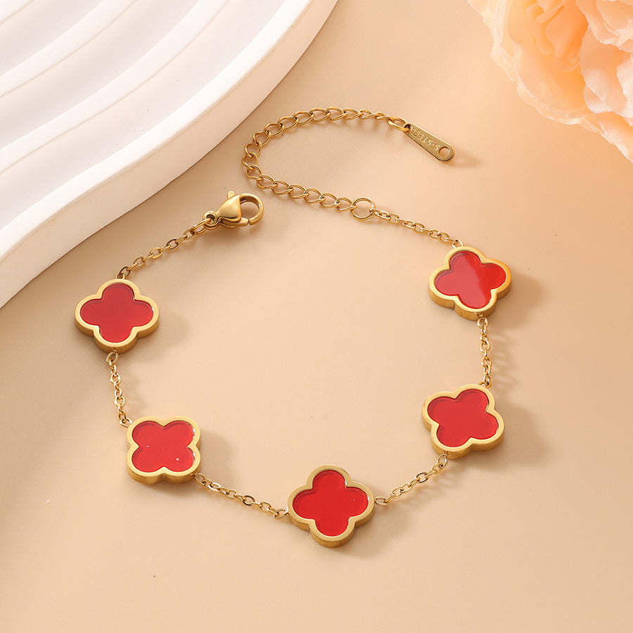 Fashionable new four leaf clover titanium steel plated 18k gold bracelet with mother of pearl that does not fade 266