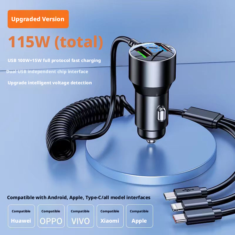 Car charger aluminum alloy digital display car charger with one to three fast charging cables 387