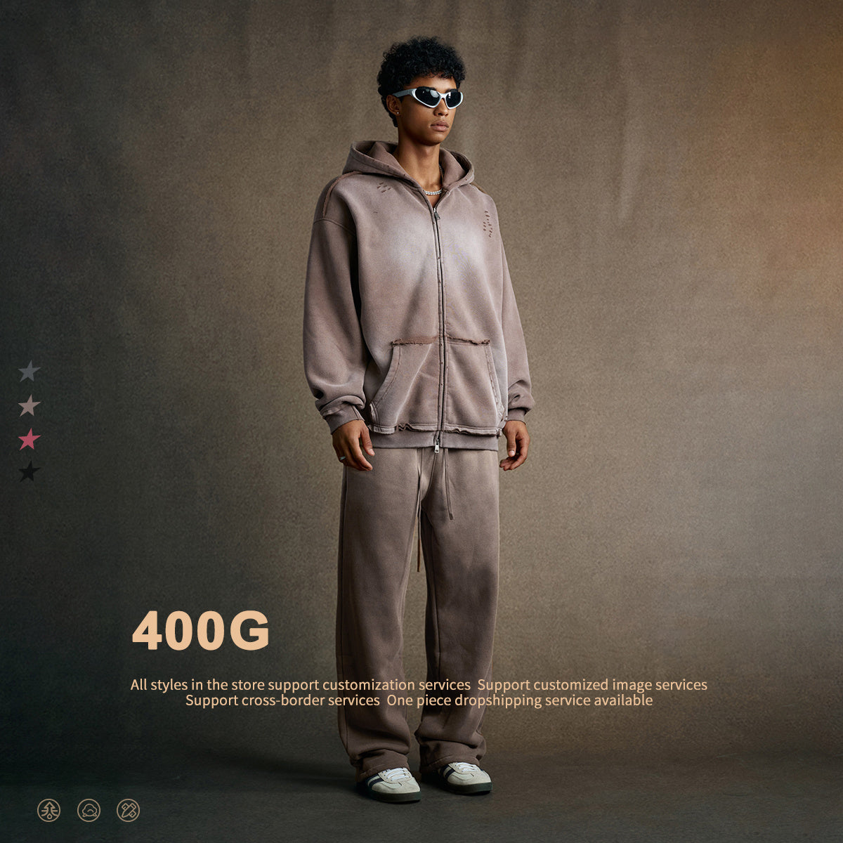 Streetwear hooded sweatshirt with monkey print, frayed hem, zip-up cardigan for men W25310