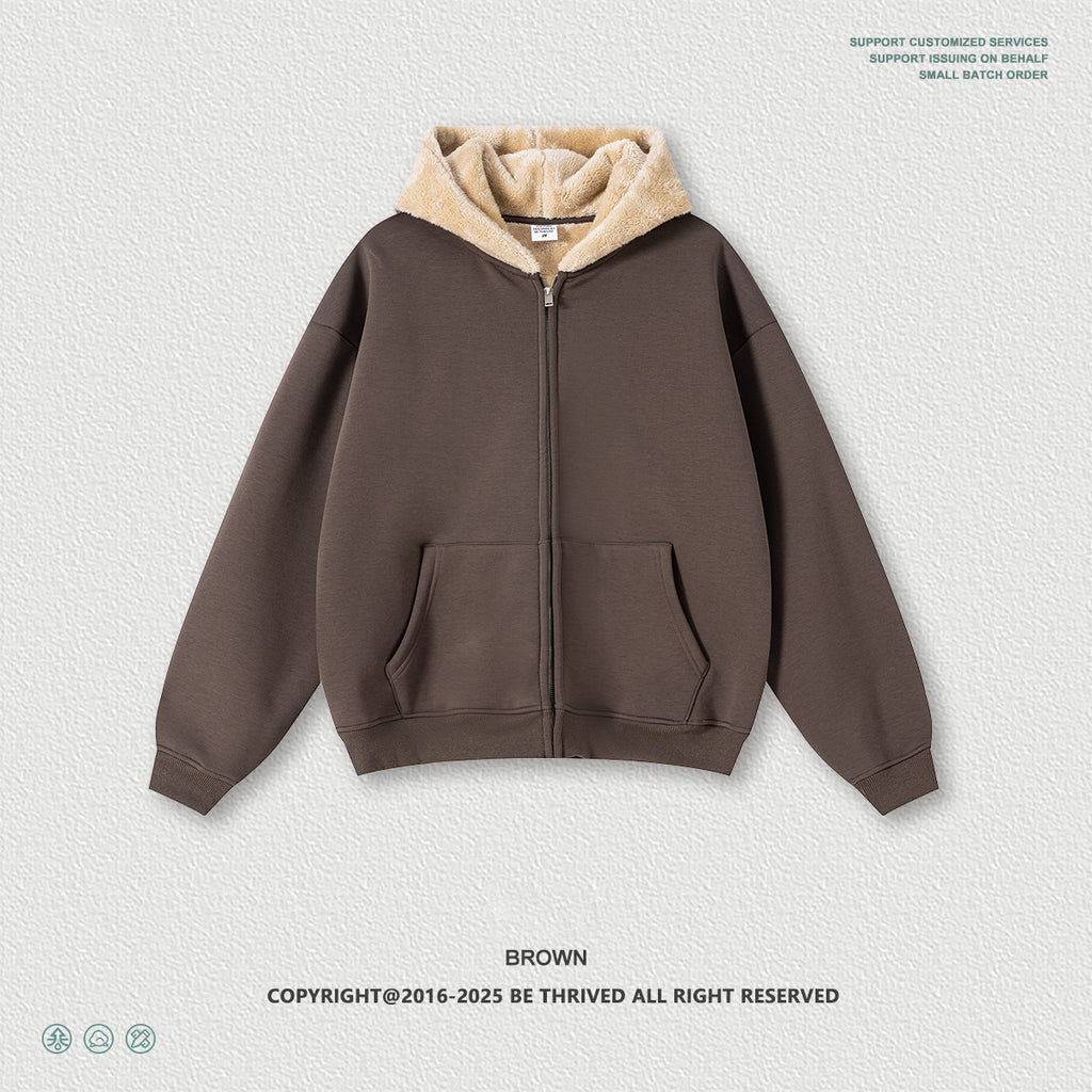 Autumn American trendy brand composite plush hooded cardigan sweatshirt loose zipper jacket for men w25555