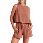 Two piece set of temperament sleeveless top shorts and pants 081