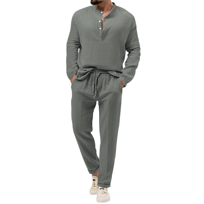 Men's solid color casual T-shirt long sleeved shirt long pants set 085