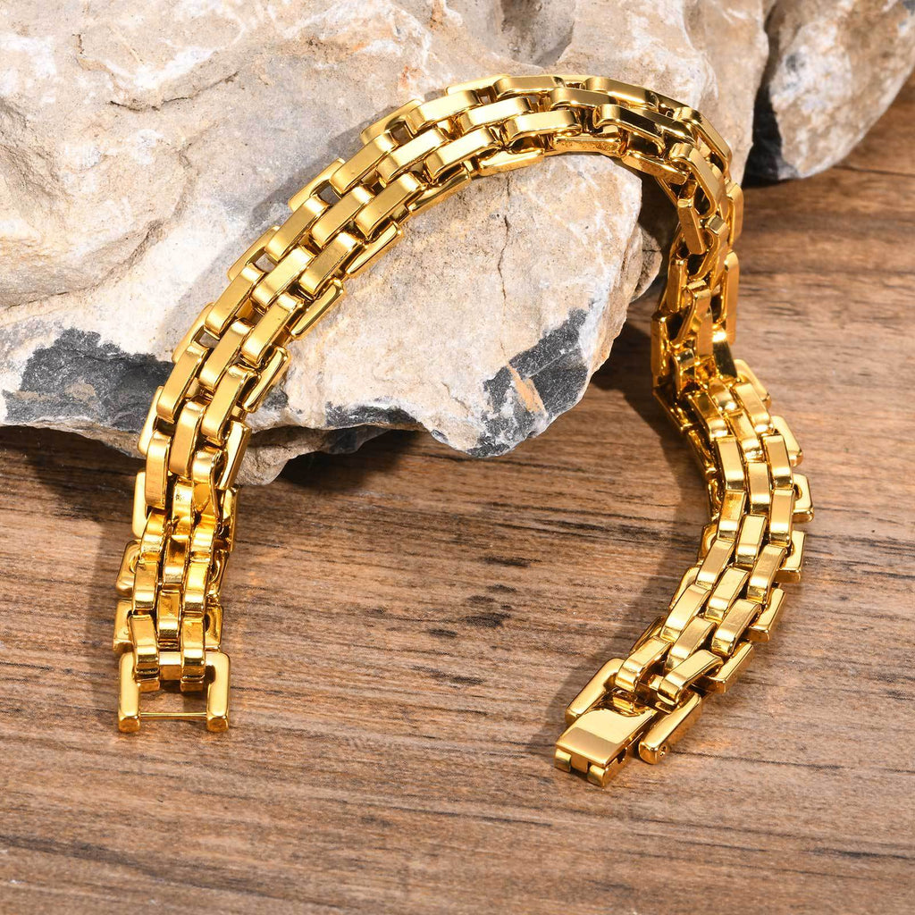 Minimalist men's wide face stainless steel strap gold bracelet 250