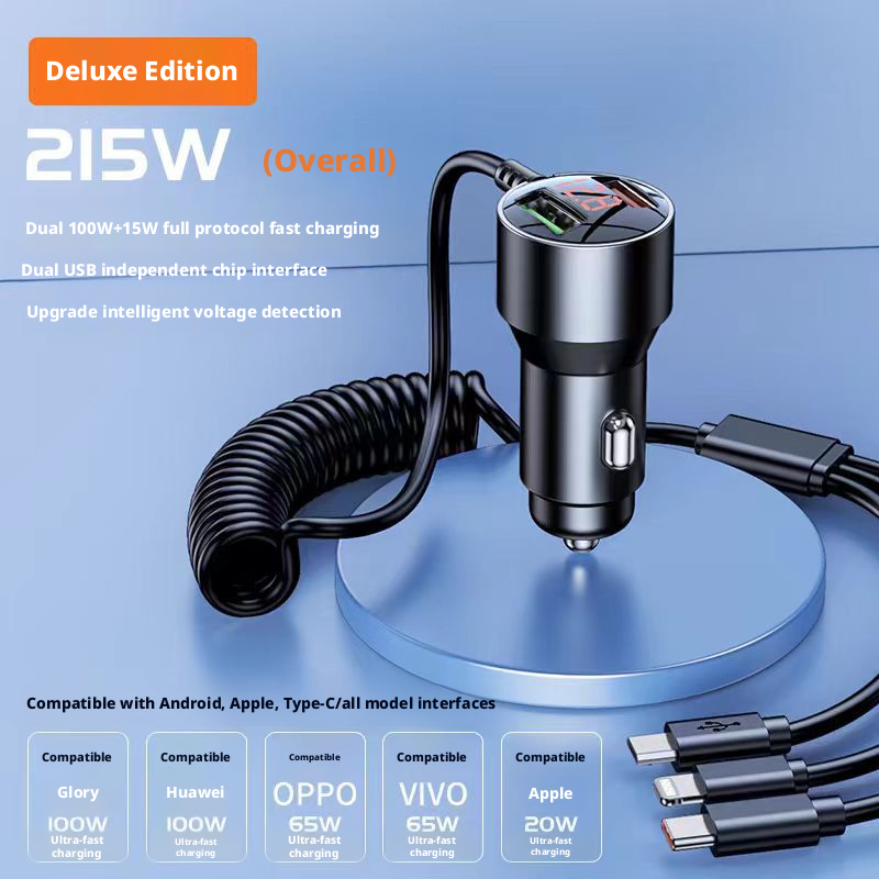Car charger aluminum alloy digital display car charger with one to three fast charging cables 387