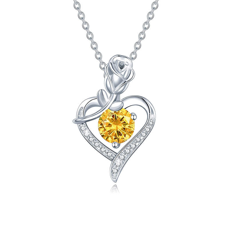 925 sterling silver heart-shaped rose pendant necklace, women's collarbone necklace, moissani diamond 270