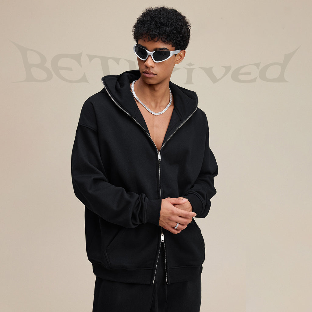 Streetwear style, trendy fleece patchwork hooded sweatshirt, windproof zip-up cardigan jacket for men W25536