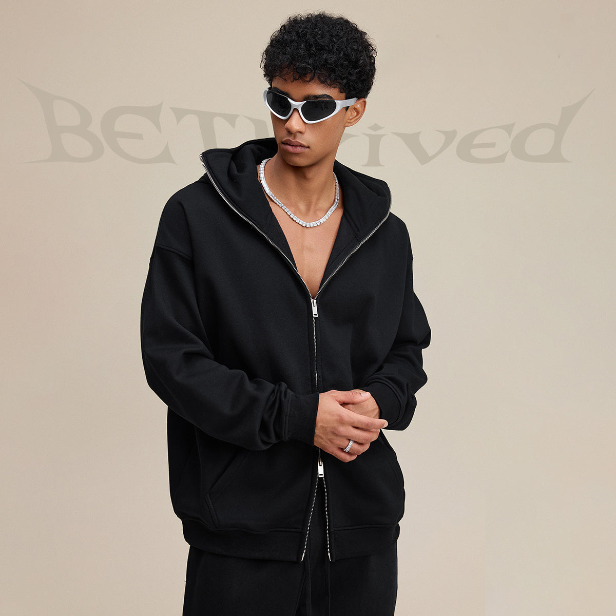 Streetwear style, trendy fleece patchwork hooded sweatshirt, windproof zip-up cardigan jacket for men W25536