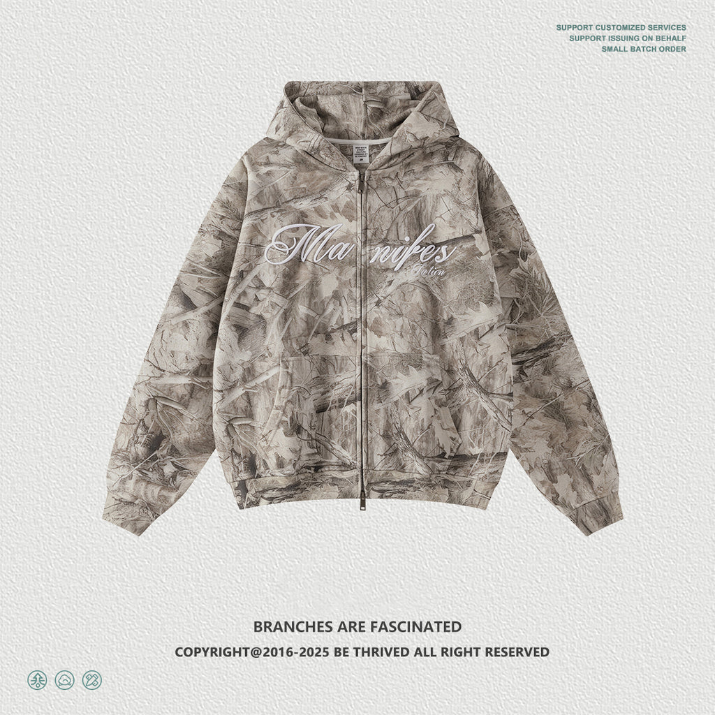 Autumn and winter heat transfer camouflage letters 3D embroidery plus velvet hooded sweatshirt zipper jacket men7609