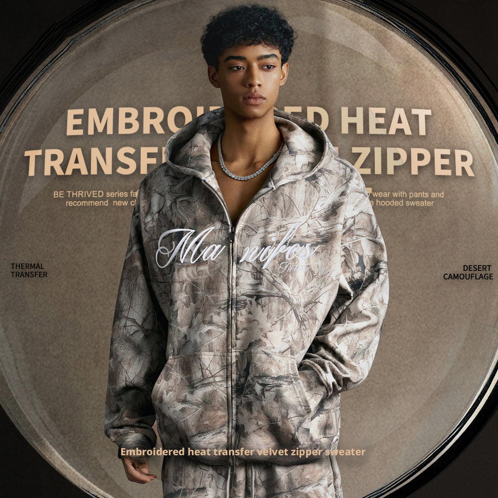 Autumn and winter heat transfer camouflage letters 3D embroidery plus velvet hooded sweatshirt zipper jacket men7609