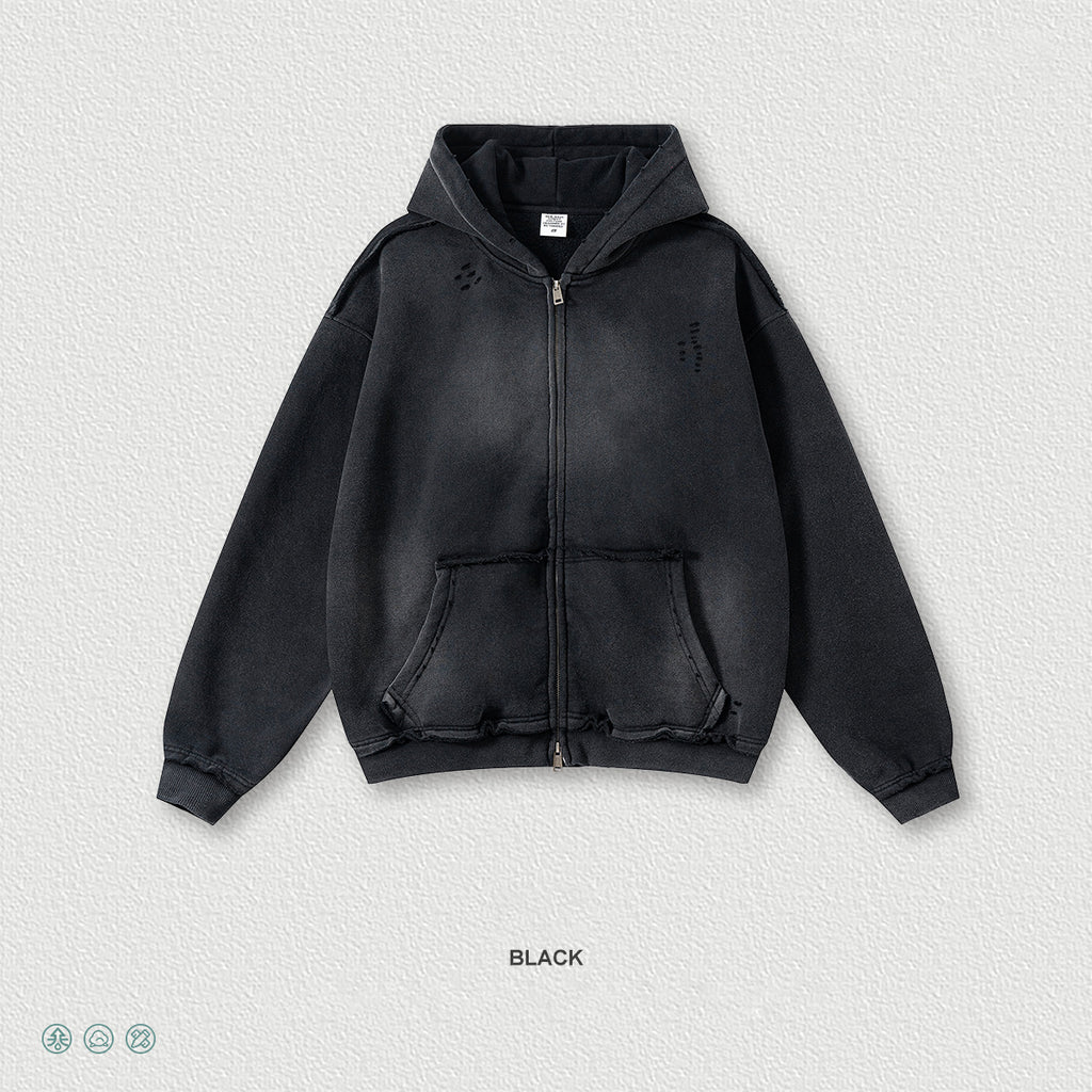 Streetwear hooded sweatshirt with monkey print, frayed hem, zip-up cardigan for men W25310