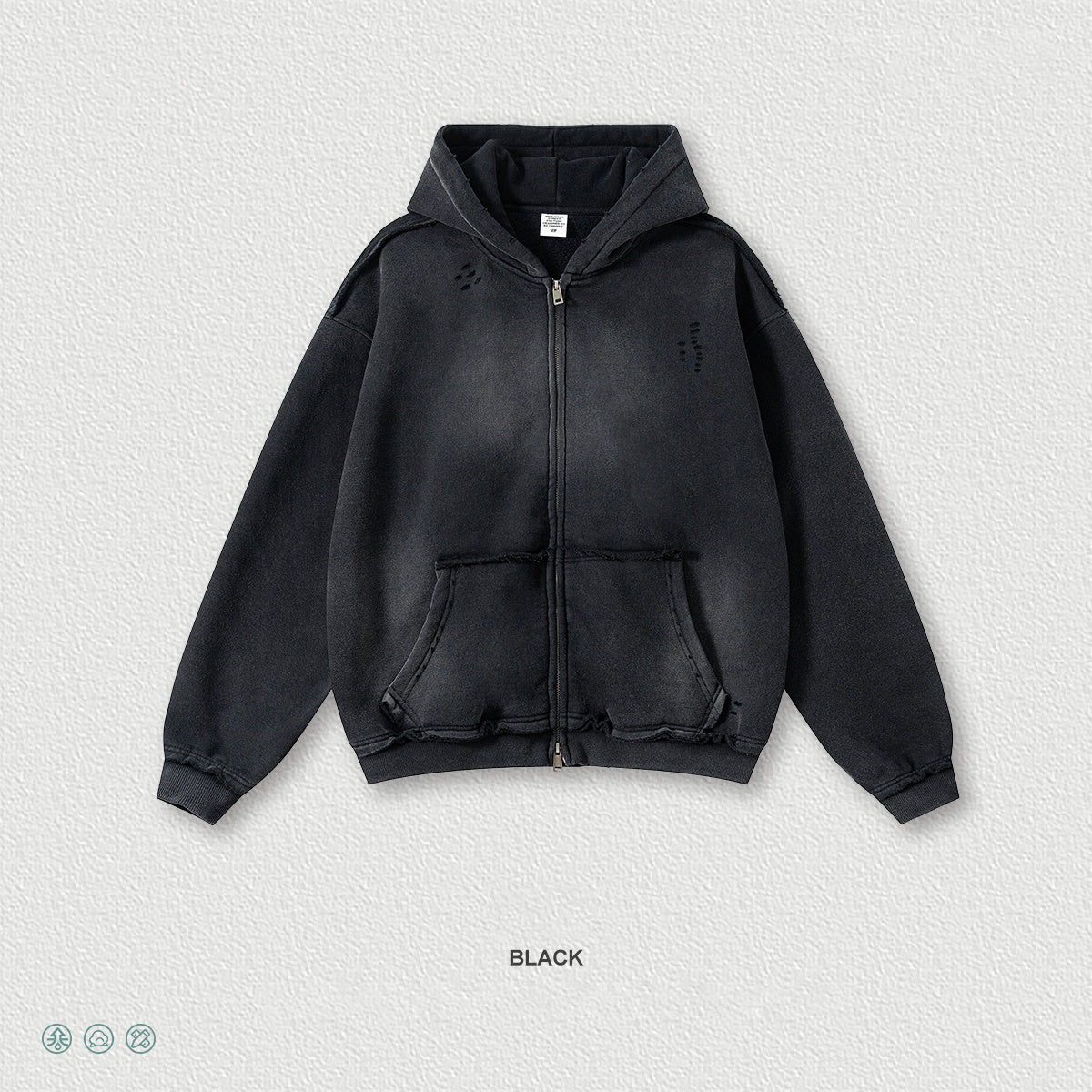 Streetwear hooded sweatshirt with monkey print, frayed hem, zip-up cardigan for men W25310