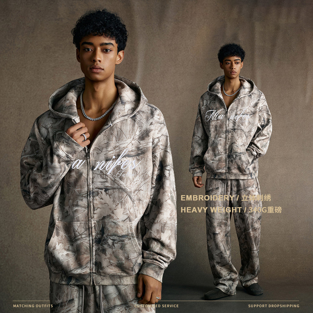 Autumn and winter heat transfer camouflage letters 3D embroidery plus velvet hooded sweatshirt zipper jacket men7609