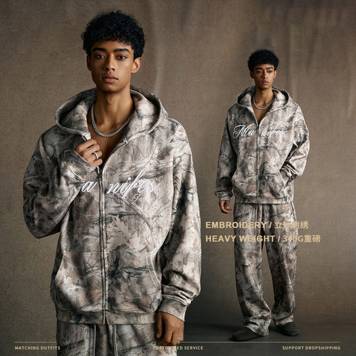 Autumn and winter heat transfer camouflage letters 3D embroidery plus velvet hooded sweatshirt zipper jacket men7609