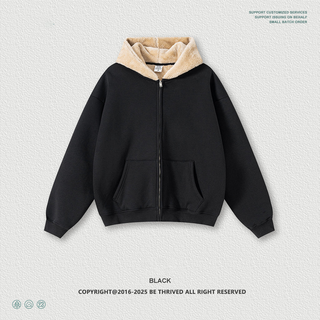 Autumn American trendy brand composite plush hooded cardigan sweatshirt loose zipper jacket for men w25555