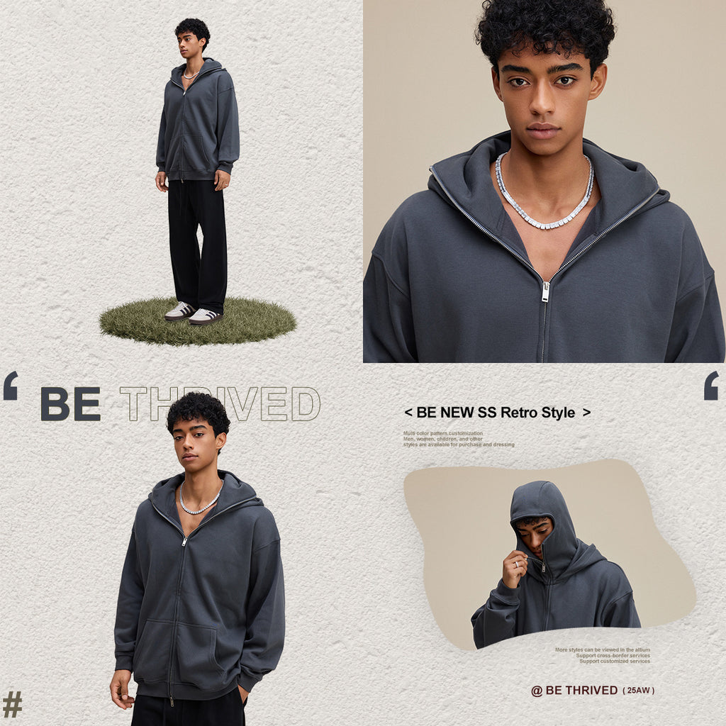 Streetwear style, trendy fleece patchwork hooded sweatshirt, windproof zip-up cardigan jacket for men W25536