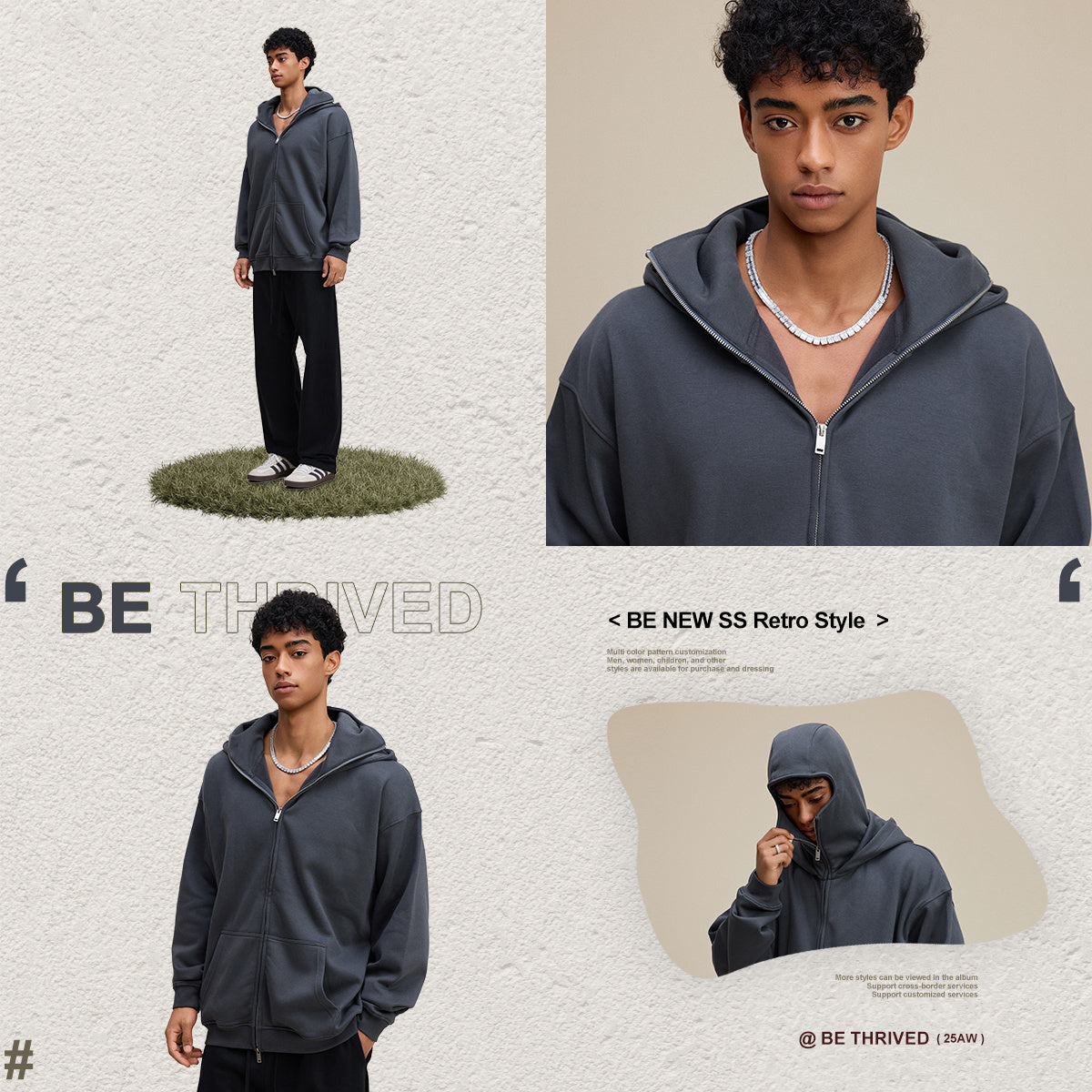 Streetwear style, trendy fleece patchwork hooded sweatshirt, windproof zip-up cardigan jacket for men W25536