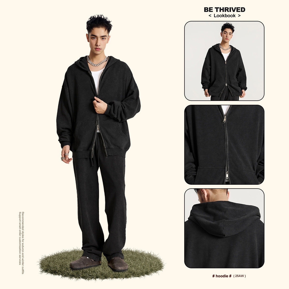 American retro heavyweight men's hooded sweatshirt washed distressed cardigan zipper jacket men W24171