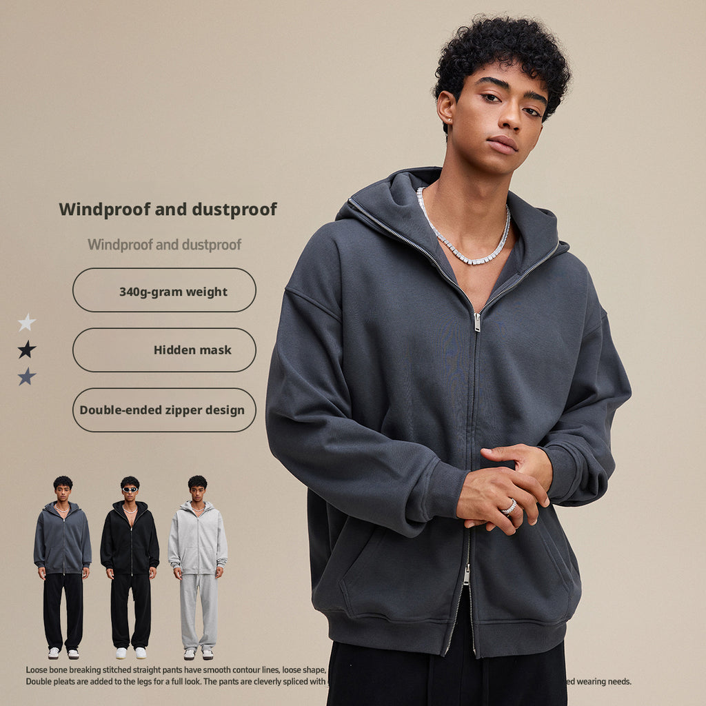 Streetwear style, trendy fleece patchwork hooded sweatshirt, windproof zip-up cardigan jacket for men W25536