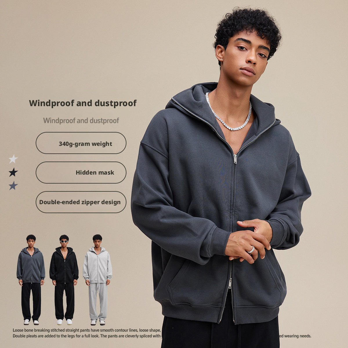 Streetwear style, trendy fleece patchwork hooded sweatshirt, windproof zip-up cardigan jacket for men W25536