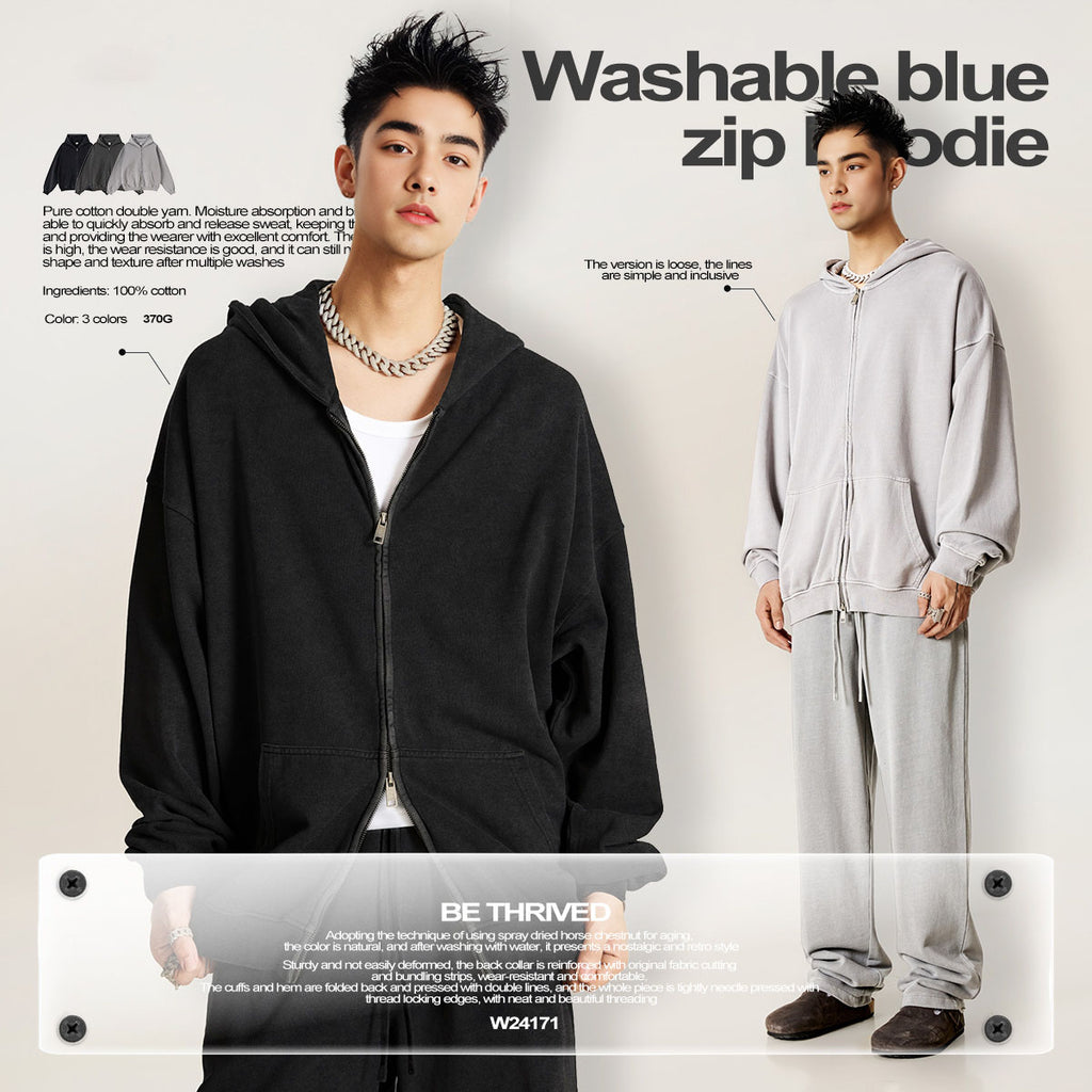 American retro heavyweight men's hooded sweatshirt washed distressed cardigan zipper jacket men W24171