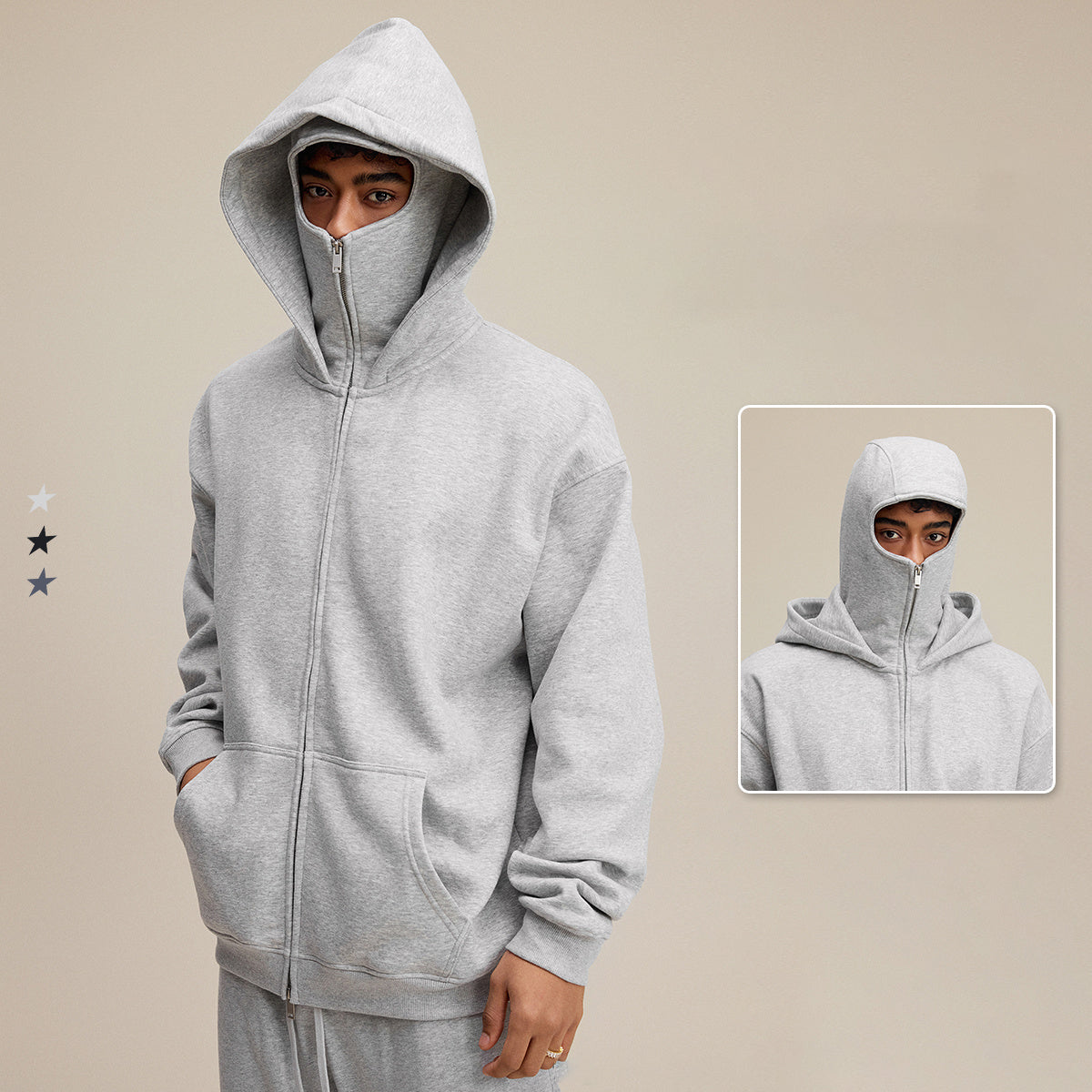 Streetwear style, trendy fleece patchwork hooded sweatshirt, windproof zip-up cardigan jacket for men W25536