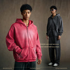 Streetwear hooded sweatshirt with monkey print, frayed hem, zip-up cardigan for men W25310