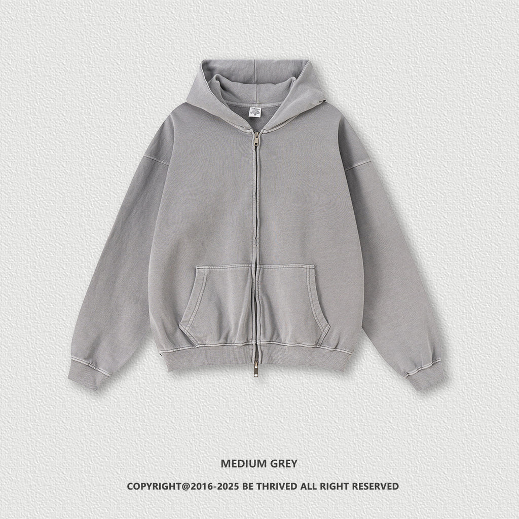 American retro heavyweight men's hooded sweatshirt washed distressed cardigan zipper jacket men W24171