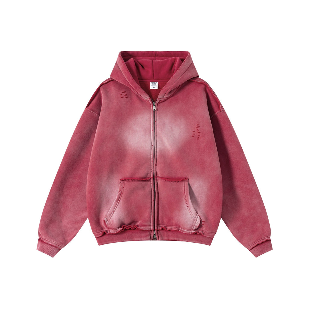 Streetwear hooded sweatshirt with monkey print, frayed hem, zip-up cardigan for men W25310