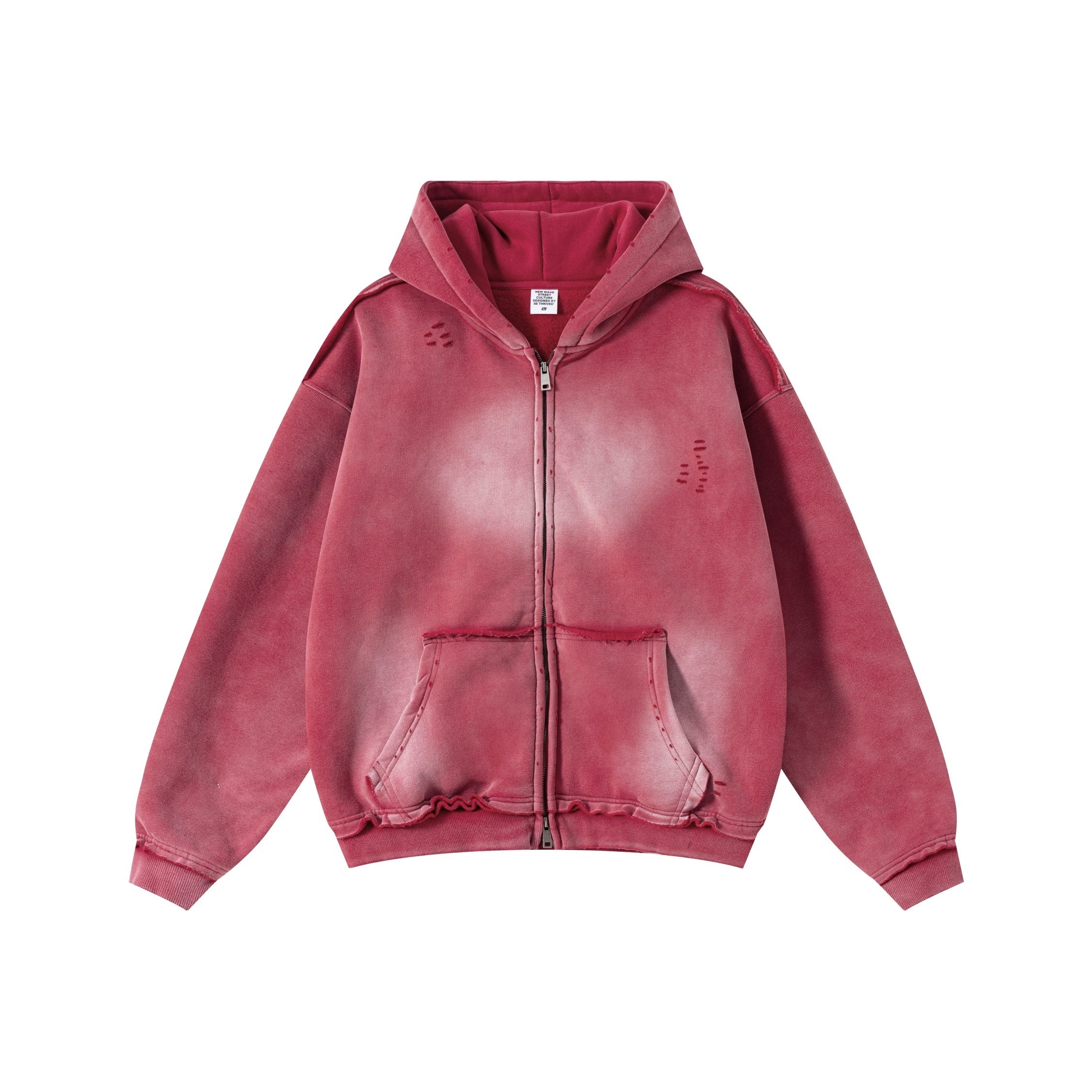 Streetwear hooded sweatshirt with monkey print, frayed hem, zip-up cardigan for men W25310