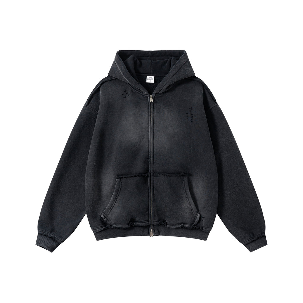 Streetwear hooded sweatshirt with monkey print, frayed hem, zip-up cardigan for men W25310