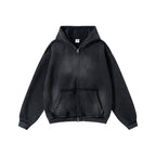 Streetwear hooded sweatshirt with monkey print, frayed hem, zip-up cardigan for men W25310