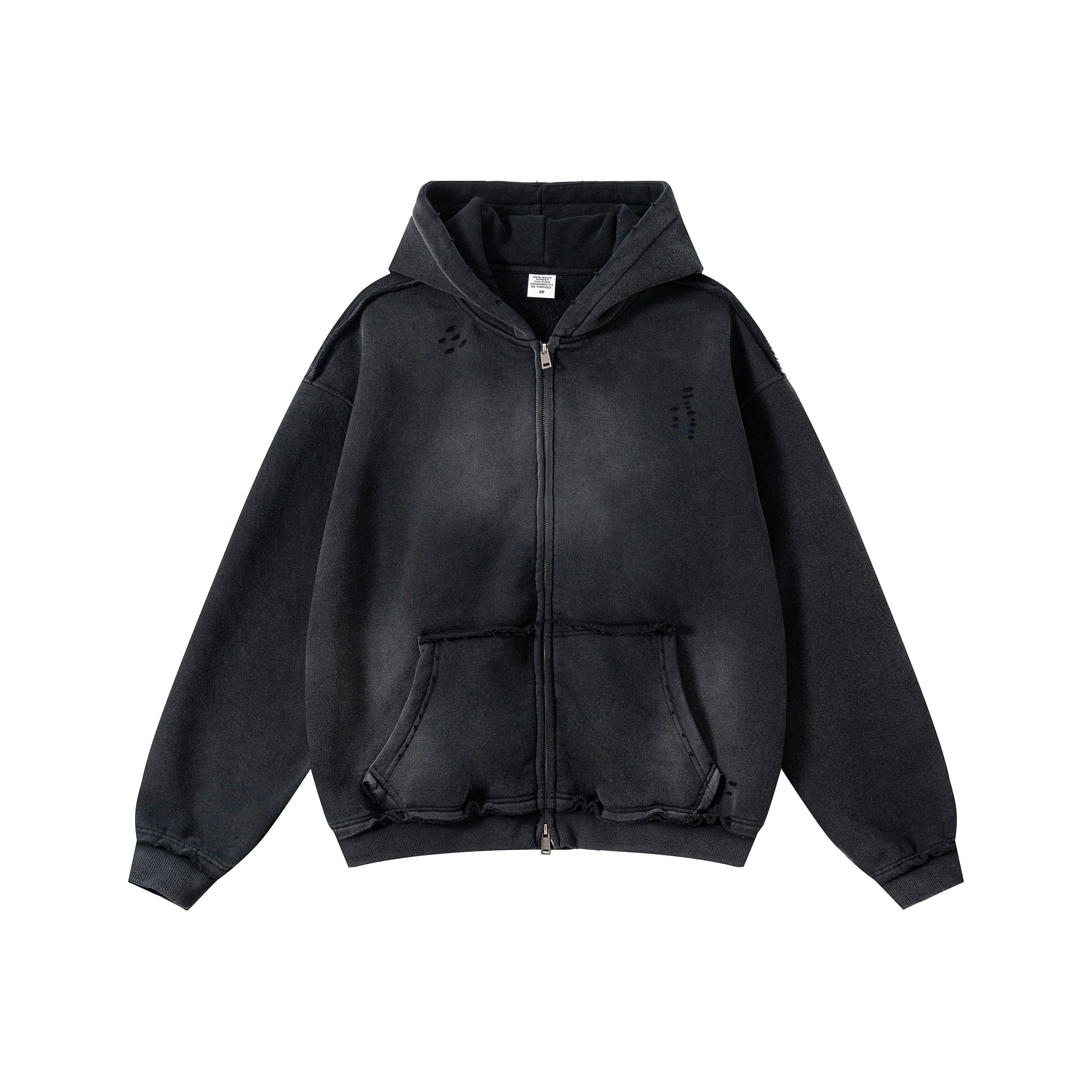 Streetwear hooded sweatshirt with monkey print, frayed hem, zip-up cardigan for men W25310