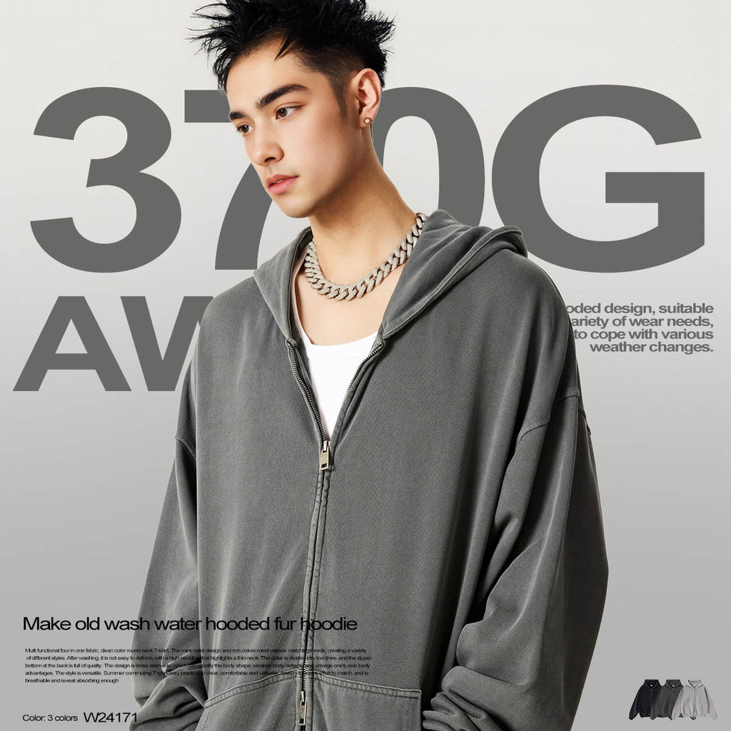 American retro heavyweight men's hooded sweatshirt washed distressed cardigan zipper jacket men W24171