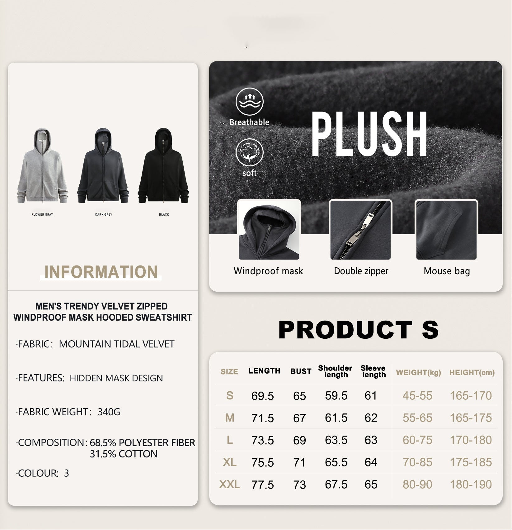 Streetwear style, trendy fleece patchwork hooded sweatshirt, windproof zip-up cardigan jacket for men W25536