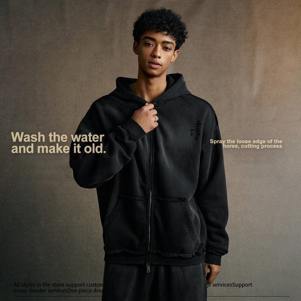 Streetwear hooded sweatshirt with monkey print, frayed hem, zip-up cardigan for men W25310