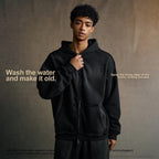 Streetwear hooded sweatshirt with monkey print, frayed hem, zip-up cardigan for men W25310