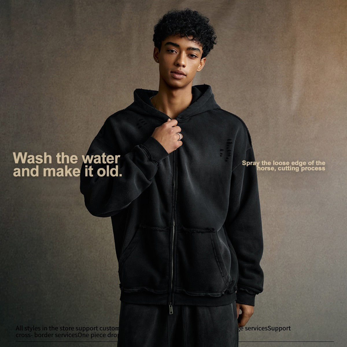 Streetwear hooded sweatshirt with monkey print, frayed hem, zip-up cardigan for men W25310