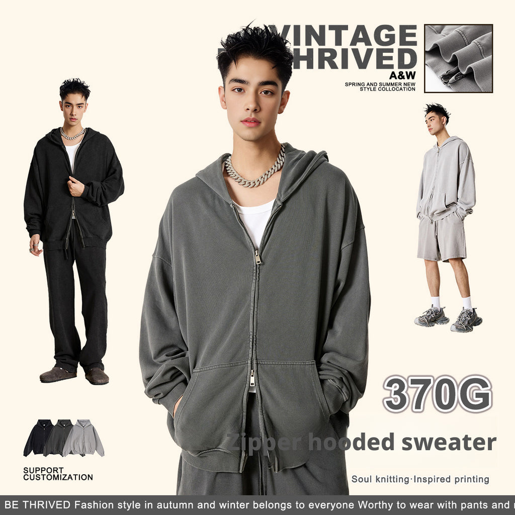 American retro heavyweight men's hooded sweatshirt washed distressed cardigan zipper jacket men W24171