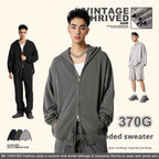 American retro heavyweight men's hooded sweatshirt washed distressed cardigan zipper jacket men W24171